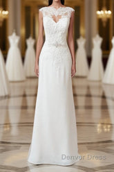 Long Sheath Illusion Lace Wedding Dresses with Cap Sleeve