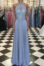 Long Silver Chiffon Prom Dresses Halter Evening Gowns New Arrival