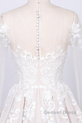 Long Sleeve Appliques Lace Tulle A-line Wedding Dresses