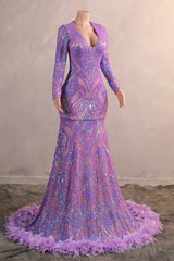 Long Sleeve Purple Prom Dresses for Teens Black Girls Luxury Feather Hem Plus Size Evening Gown Womens Sequin Party Dress