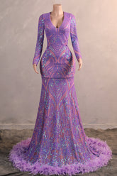 Long Sleeve Purple Prom Dresses for Teens Black Girls Luxury Feather Hem Plus Size Evening Gown Womens Sequin Party Dress