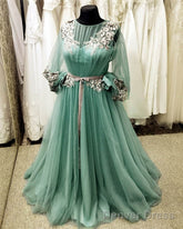 Long Sleeve Sage Green Tulle Dress With Lace Embroidery