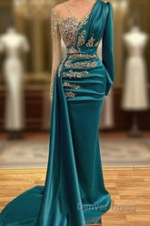 Long Sleeve Sheer Beading Ruched Satin Green Trumpet Mermaid Prom Dresses