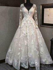 Long Sleeve V Neck A Line Wedding Dresses Backless Lace Appliques Bridal Gowns Prom Dress