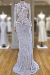 Long Sleeve White Sequin Pleated Long Prom Dresses
