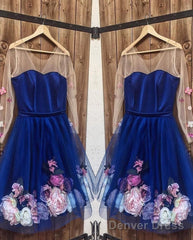 Long Sleeves 3D Floral Short Blue Prom Dresses, Short Blue Formal Graduation Homecoming Dresses