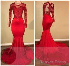 Long-Sleeves Appliques Red Mermaid Prom Dresses