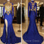 Long Sleeves Blue Gold Prom Dresses Side Slit Evening Gowns