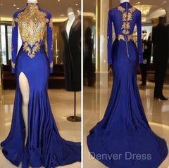 Long Sleeves Blue Gold Prom Dresses Side Slit Evening Gowns