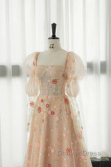 Long Sleeves Champagne Lace Floral Long Prom Dresses, Long Sleeves Champagne Lace Floral Formal Evening Dresses