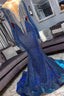 Long Sleeves Deep V-Neck Mermaid Prom Dress Sequins Royal Blue Pink Long