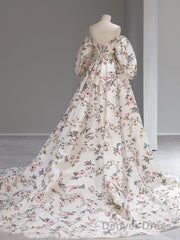 Long Sleeves Floral Long Prom Dresses, Long Sleeves Formal Evening Dresses