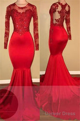 Long Sleeves Mermaid Lace Prom Dresses Red Sheer Tulle Evening Gown