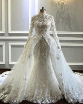 Long Sleeves Mermaid Wedding Dresses Lace High Neck