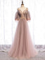 Long Sleeves Pink Tulle Long Prom Dress with Lace, Pink Floor Length Prom Dresses