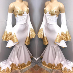 Long Sleeves Prom Party Gowns with gold appliques, mermaid evening dress