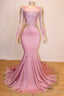 Long Sleeves Round Collar Mermaid Prom Dresses Sequins Pink Long Chiffon