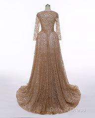 Long Sleeves Sequin Gold Mermaid Prom Dresses