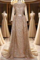 Long Sleeves Sequin Gold Mermaid Prom Dresses