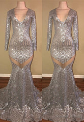 Long Sleeves Sequins Prom Party Gowns| Mermaid V-Neck Evening Gowns