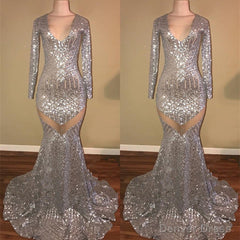 Long Sleeves Sequins Prom Party Gowns| Mermaid V-Neck Evening Gowns