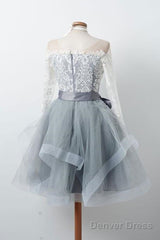 Long Sleeves Short Gray Prom Dress With White Lace, Long Sleeves Short Lace Graduation Homecoming Dresses