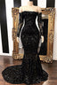 Long Sleeves Strpless Mermaid Prom Dresses Black Sequins Long