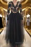 Long Sleeves V Neck Black Lace Long Prom Dress, Long Sleeves Black Prom Dress, Black Lace Prom Dresses