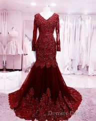 Long Sleeves V-neck Lace Prom Mermaid Dresses,Women Evening Dresses