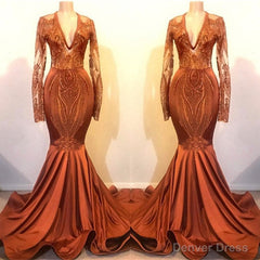 Long Sleeves V-neck Mermaid Prom Dress Sequins Gold Long Chiffon Lace