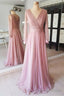 Long Sleeves V Neck Pink Chiffon Long Prom Dress, Long Sleeves Pink Bridesmaid Dress, Pink Prom Dresses A1374