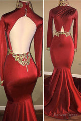 Long Sleevess High Neck Hollow Back Mermaid Prom Dresses
