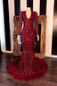 Long Sleevess V Neck Beading Patterns Long Mermaid Prom Gown