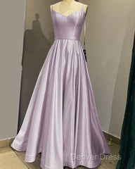 Long Spaghetti Straps V Neck Slit Satin Dresses