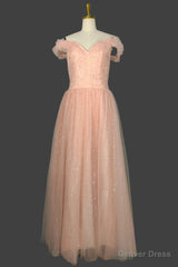 Long Straps A-line Prom Dresses Tulle Off Shoulder Evening Dresses