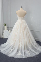 Long Sweetheart Backless Appliques Lace Tulle A-Line Wedding Dresses