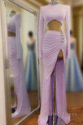 Long Two Piece Mermaid High Neck Split Prom Dresses with Sleeves