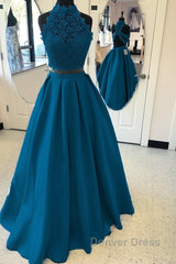 Long Two Piece Prom Dresses Lace High Neck Open Back