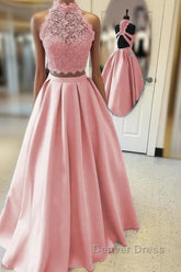 Long Two Piece Prom Dresses Lace High Neck Open Back