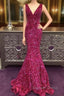 Long V Neck Fuchsia Prom Dresses Sequin Mermaid Formal Graduation Dresses