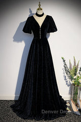 Long Velvet V-Neckline Floor Length Prom Dresses, Black Evening Wedding Party Dresses