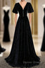 Long Velvet V-Neckline Floor Length Prom Dresses, Black Evening Wedding Party Dresses