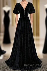 Long Velvet V-Neckline Floor Length Prom Dresses, Black Evening Wedding Party Dresses