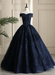 Looking For Cute And Stylish Navy Blue Ball Gown Tulle Lace Off the Shoulder Beading Quinceanera Dress