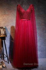 Love Pearl Beaded V Neck Long Burgundy Evening Dresses