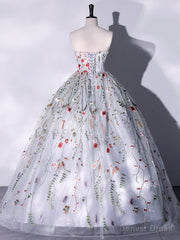 Lovely Strapless Floral Tulle Long Prom Dress, Gray A-Line Evening Party Dress