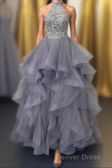 Grey Tulle Long Prom Dresses, A-Line Evening Dresses
