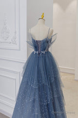 Blue Tulle Layers Straps Beaded Long Prom Dresses, A-Line Evening Dresses