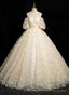 Lovely A Line Lace Floor Length Prom Dress, Champagne Off Shoulder Prom Dresses