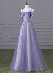 Lovely A-line Light Purple Tulle Beaded Long Party Dress, Light Purple Prom Dress